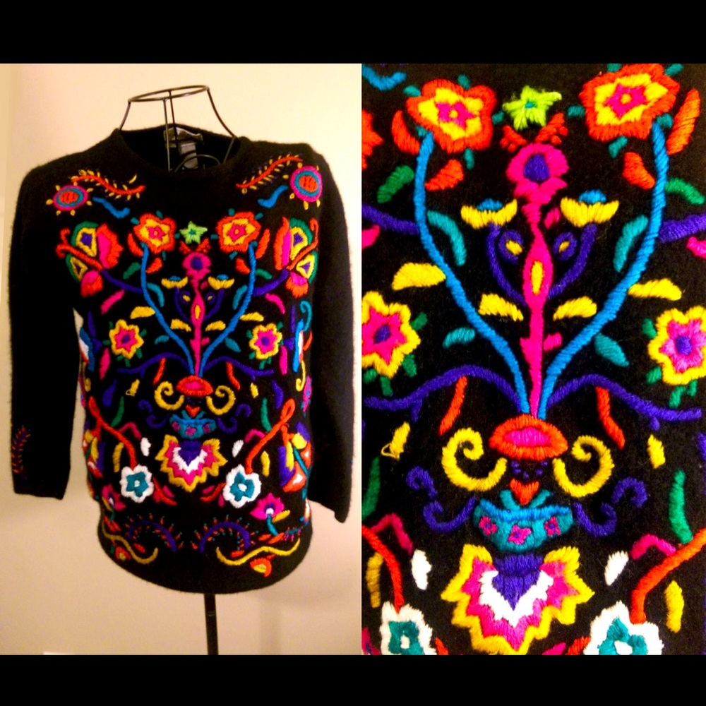 Boho chic lambwool and angora embroidered sweater folk folklore vivid colors